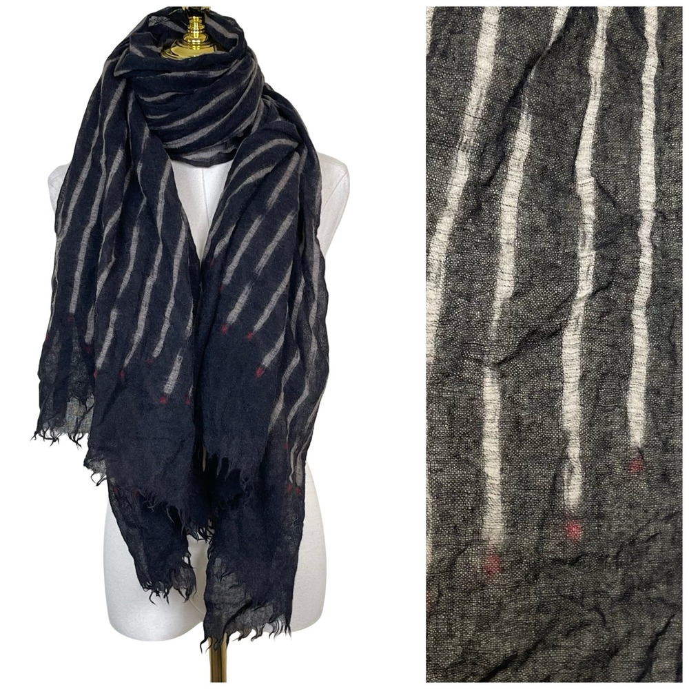 Striped Wool Gauze Wrap‎ Scarf Black White Frayed Edge Lightweight Oversized